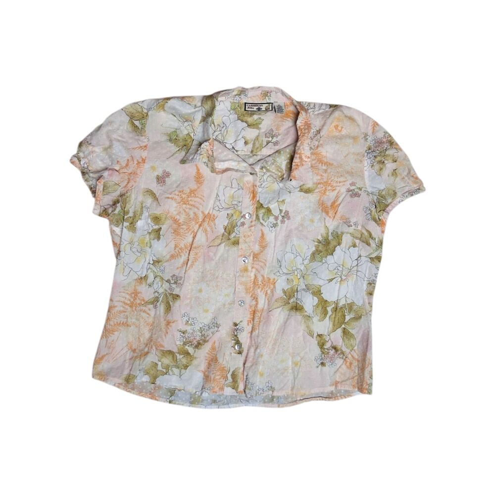 Caribbean Joe Floral Short Sleeve Button Down Blouse Size XL- Peach Pink Green